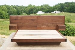 Walnut floating platform bed with headboard