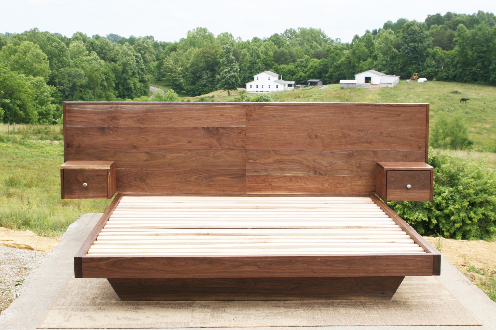 Floating platform bed with headboard and attached nightstands NcFnC03
