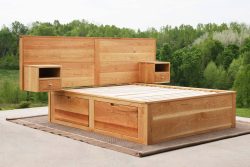natural Platform Bed with 4 drawers, wide headboard and built-in side tables