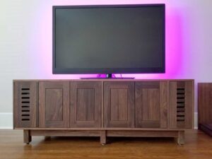 Entertainment Console with 6 front doors front and sliders in back front view